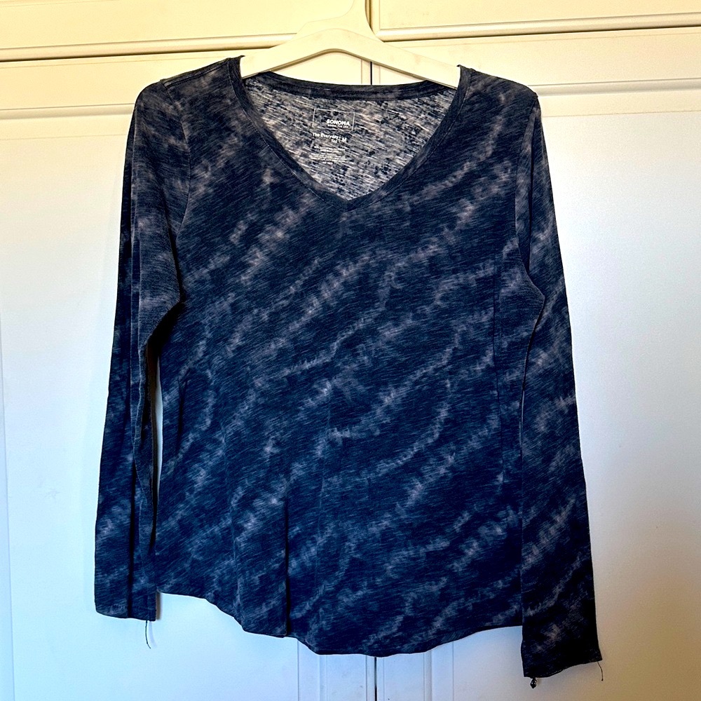 Sonoma Navy Tie-Dye V-Neck Cotton blend Blouse Size M Pre Owned